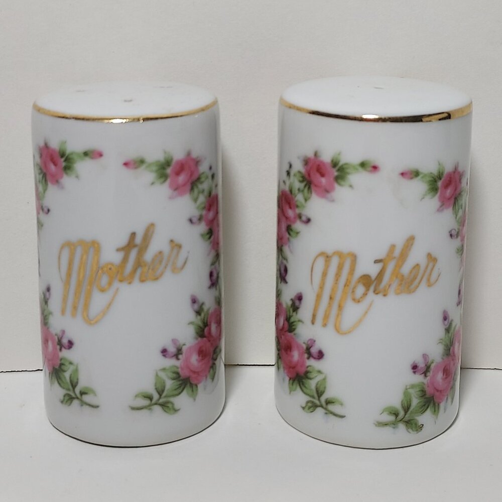 Vintage "Mother" Porcelain Salt & Pepper Shakers - Pink Roses & Gold Trim